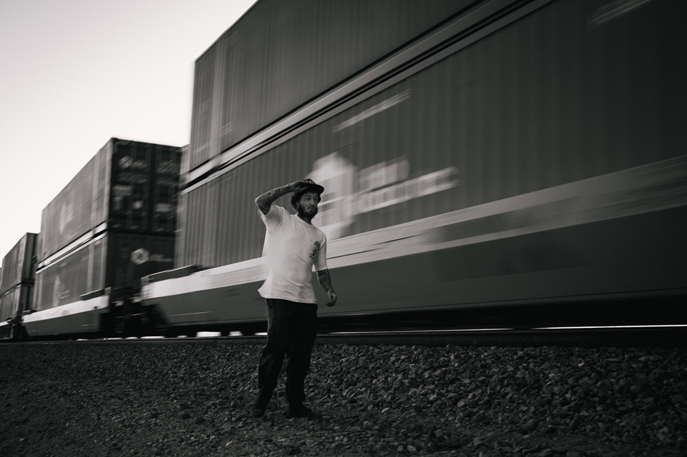 Craig dangerously close to Freight train. Salton Sea, California.